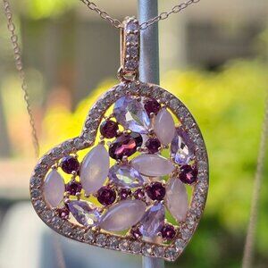 4K Rose Gold w/ 925 Mosaic Heart Necklace Amethyst, Rose Quartz, White Sapphire
